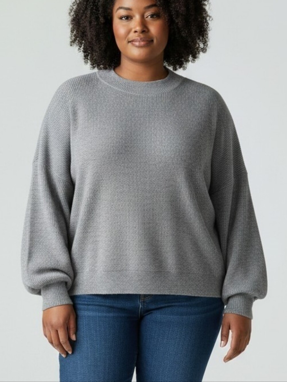 New Plus Size Balloon Sleeve Gray Women's Ribbed Crewneck Sweater Size 2X
